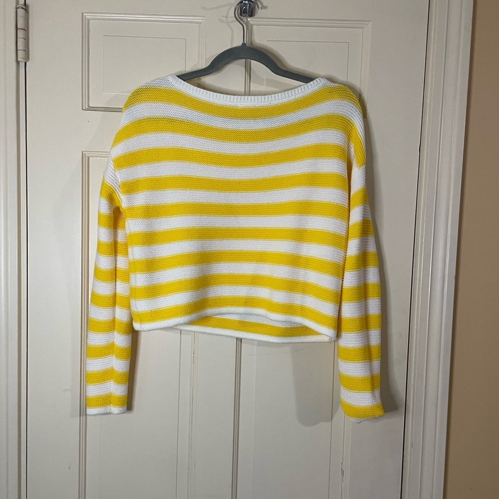 Garage Women's Knit Cropped Sweater Striped Yellow White Long-sleeves Sz S - Picture 4 of 6